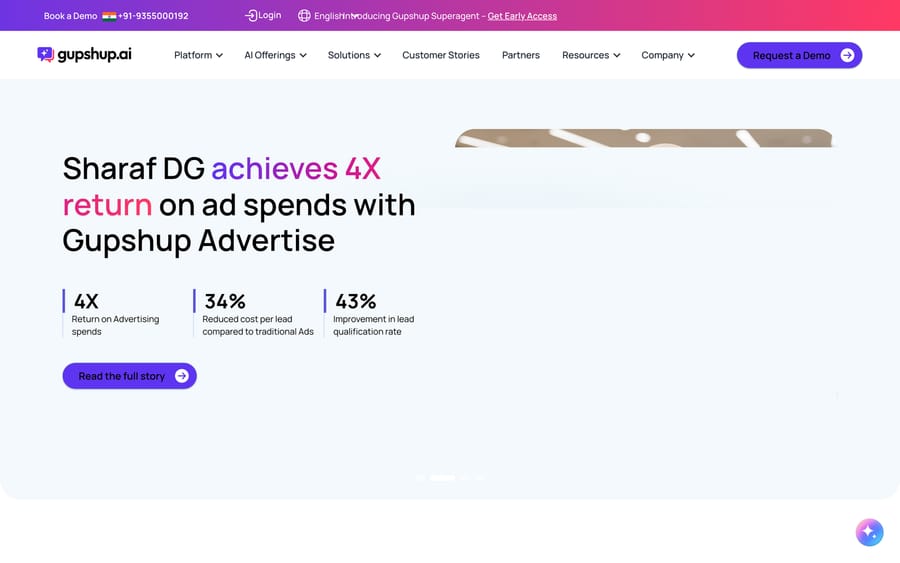 Gupshup's customer stories page: "Sharaf DG achieves 4X return on ad spends with Gupshup Advertise."