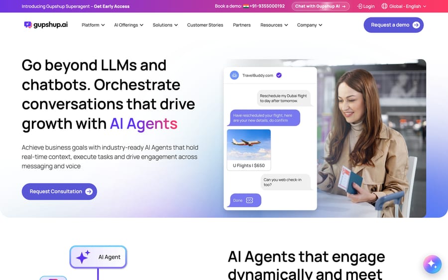 Gupshup's AI Agent Builder, showing a "Travel AI Agent" configured with a Skill Objective, Guardrails, and a Tool Library.