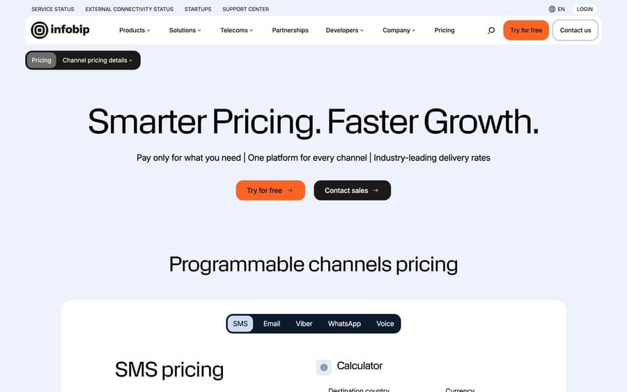 Infobip's pricing page, with a channel-by-channel calculator for SMS, Email, Viber, WhatsApp, and Voice.