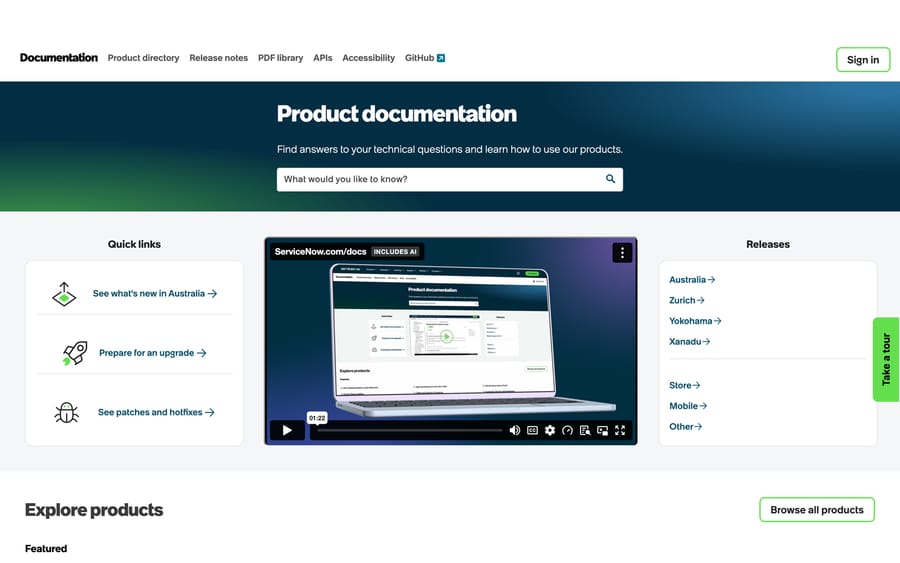 ServiceNow's product documentation portal: a search bar over "Find answers to your technical questions."