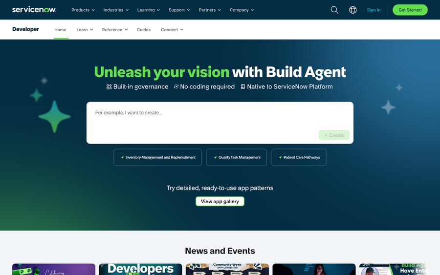 ServiceNow Developer's "Build Agent" tool: a no-code prompt box for describing an agent, with built-in governance.