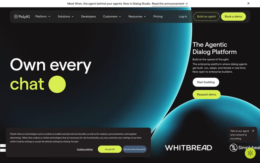 PolyAI's homepage: "Own every chat," positioned as "The Agentic Dialog Platform" for enterprise builders.