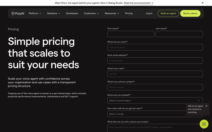 PolyAI's pricing page: per-minute pricing that includes maintenance and 24/7 support.