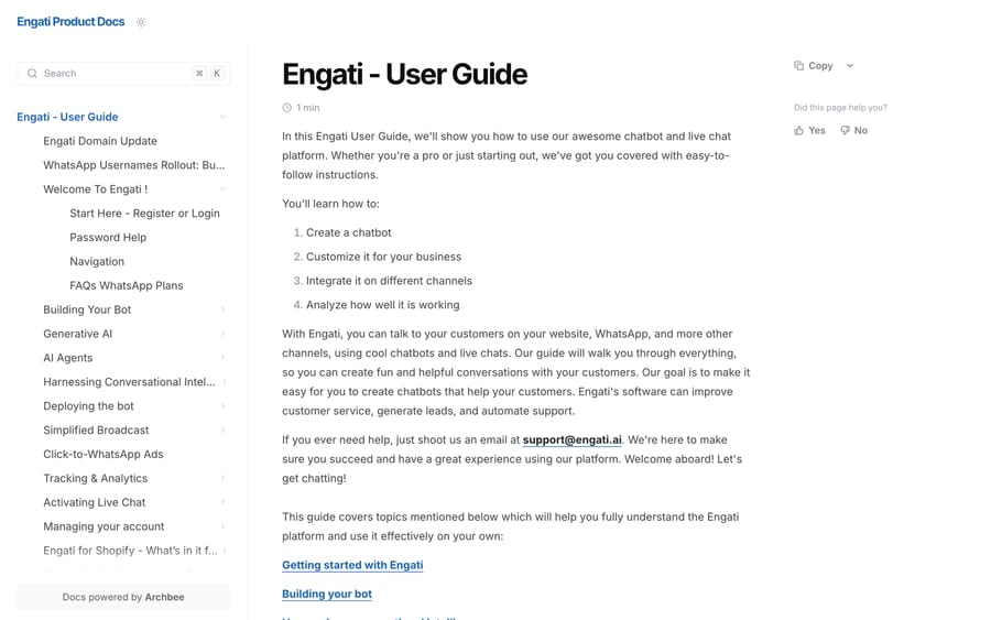 Engati's public product docs: a sidebar listing AI Agents, Generative AI, and Deploying the bot.