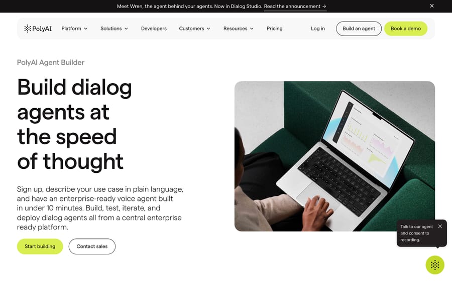 PolyAI's Agent Studio: "Build dialog agents at the speed of thought," with a performance dashboard.
