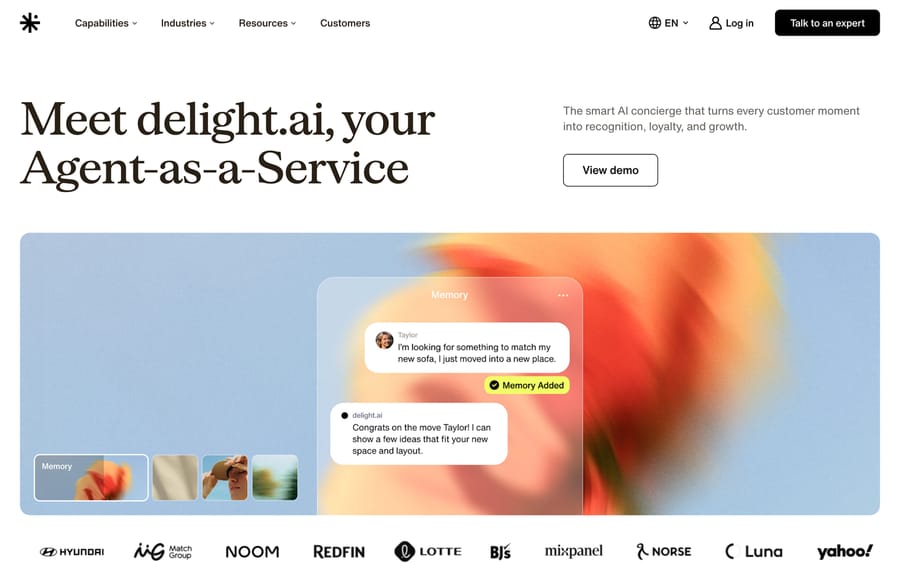 delight.ai's homepage: "your Agent-as-a-Service," with Hyundai, Match Group, Noom and Yahoo logos.