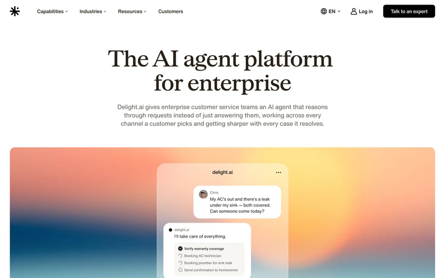 delight.ai's product page: an agent verifying warranty coverage and booking a technician.