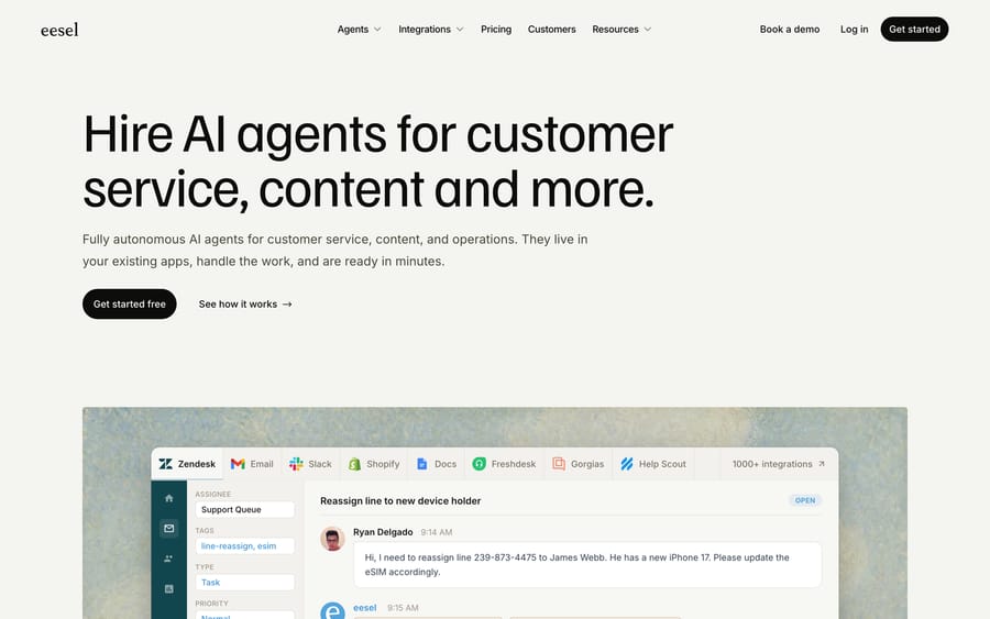 eesel AI's homepage: "Hire AI agents for customer service," with Zendesk and Gorgias integrations.