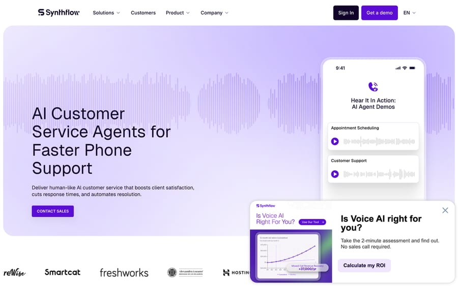 Synthflow's customer-service page, with a mobile mockup of Appointment Scheduling and Customer Support voice-agent demos.
