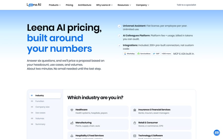 Leena AI's pricing page describing its two pricing models and a six-question quote flow.
