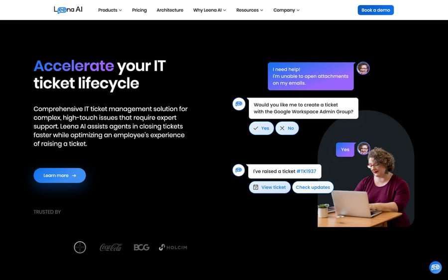 Leena AI's IT ticket screen showing an employee reporting an issue and the agent creating a ticket automatically.