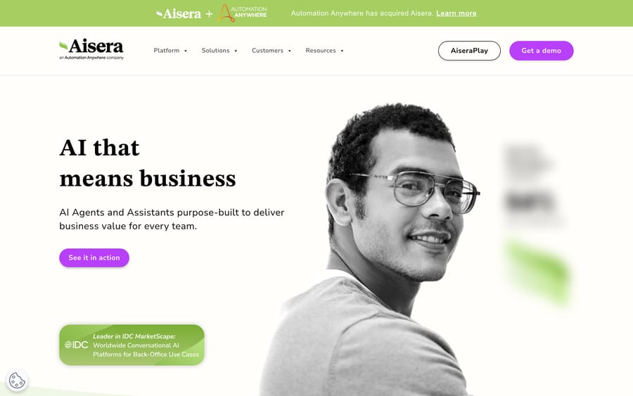 Aisera homepage describing its AI agents and assistants for enterprise teams.