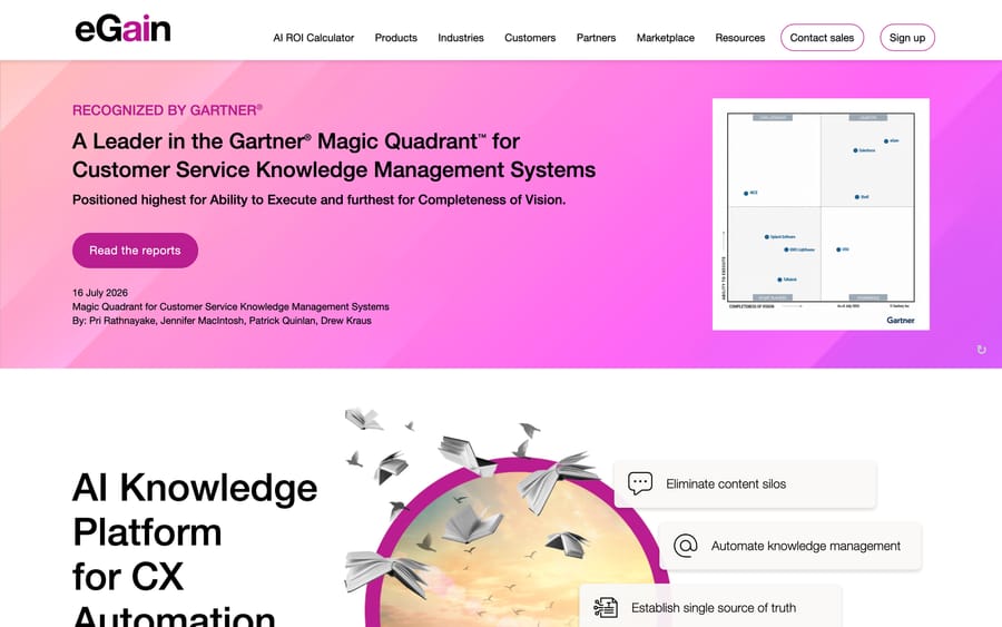 eGain's homepage, showing its Gartner Magic Quadrant leader positioning for customer service knowledge management.