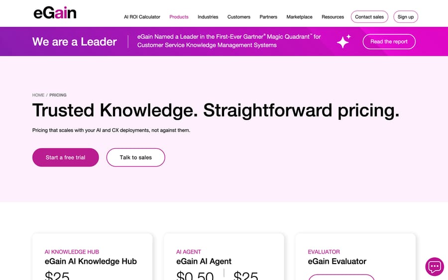 eGain's pricing page, listing $25/user/month for AI Knowledge Hub and $0.50/resolution for AI Agent.