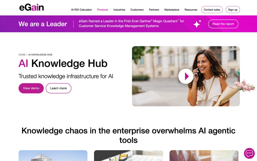 eGain's AI Knowledge Hub product page, describing knowledge chaos undermining AI agentic tools.