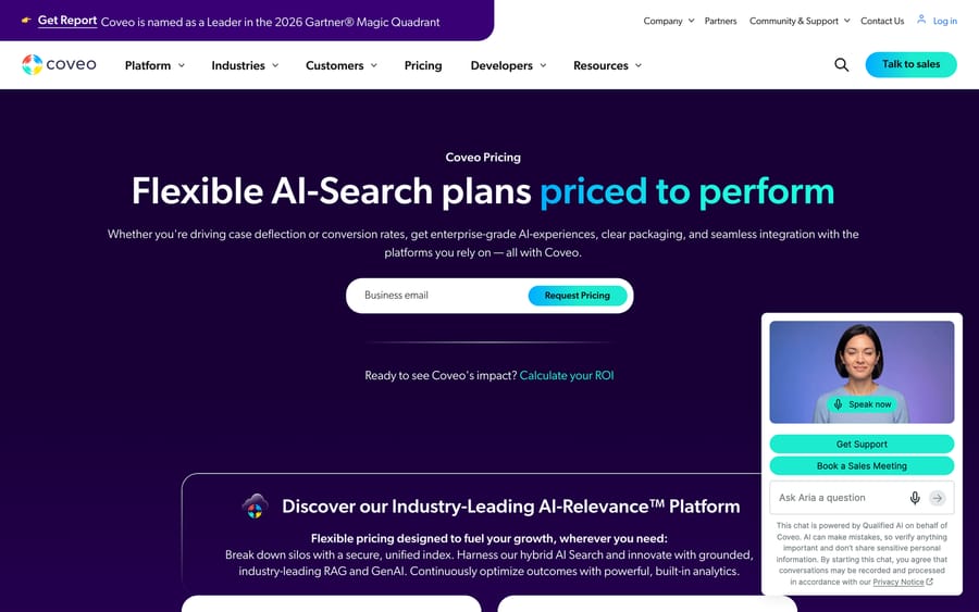Coveo's pricing page, which routes every visitor to a sales quote rather than publishing per-user or per-query rates.