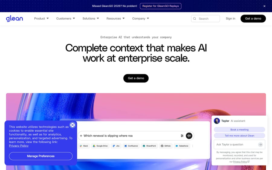 Glean's homepage headline: "Complete context that makes AI work at enterprise scale."