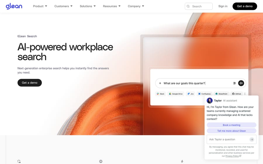 Glean's search bar with "What are our goals this quarter?" typed in, and Slack, Drive, Jira and Confluence listed below.