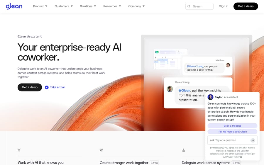 Glean Assistant interface showing a shared chat thread where a colleague is tagged to pull insights into a presentation.