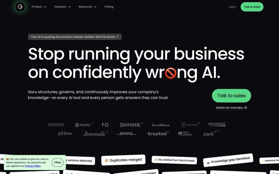 Guru's homepage headline: "Stop running your business on confidently wrong AI."