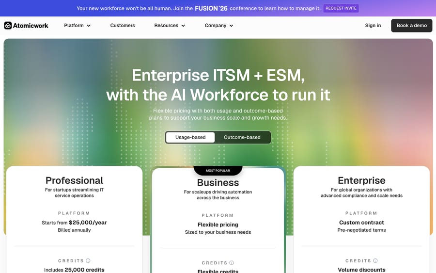 Atomicwork's pricing page showing Professional, Business and Enterprise tiers with usage-based and outcome-based toggles.