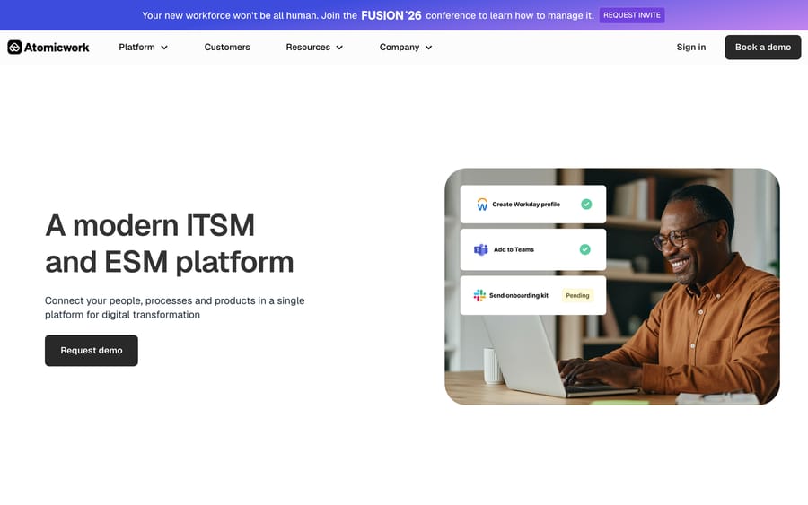 Atomicwork onboarding workflow creating a Workday profile and Teams access, then sending a Slack kit.