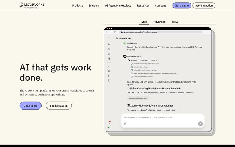 Moveworks homepage showing its AI assistant resolving an employee's request inside ServiceNow.