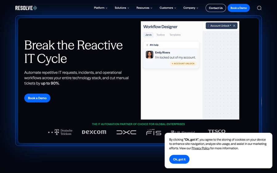 Resolve homepage (formerly Espressive) showing a workflow designer for IT automation, confirming the domain rebrand.
