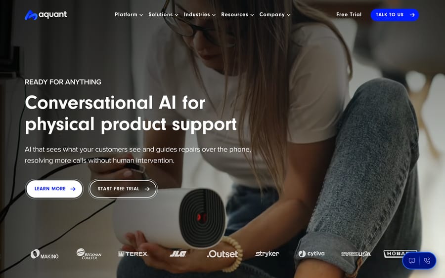 Aquant's homepage, pitching conversational AI that guides physical product repairs over the phone.