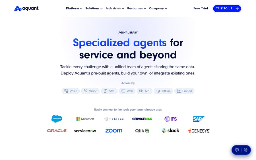 Aquant's Agent Library page, listing pre-built agents and connectors to Salesforce, ServiceNow, SAP, and IFS.