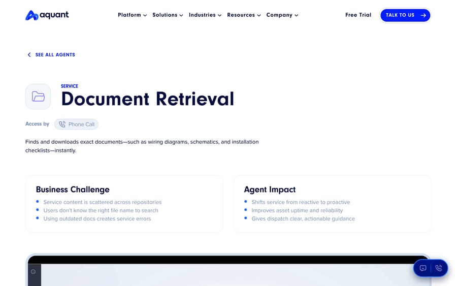 Aquant's Document Retrieval agent page, showing the challenge and impact of automating checklist lookup.