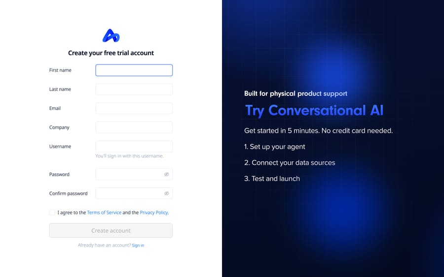 Aquant's free-trial signup screen, offering setup in 5 minutes with no credit card required.