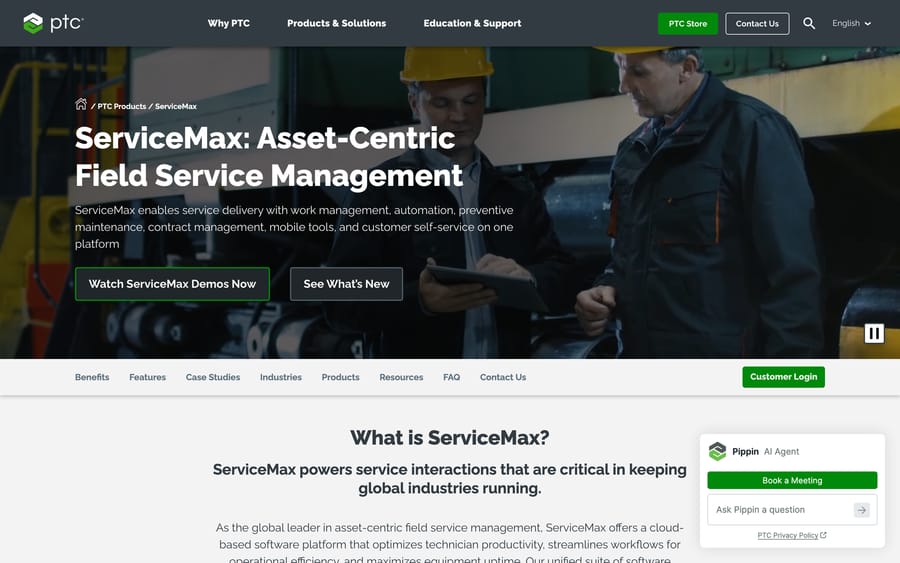 ServiceMax's product page under PTC, pitching asset-centric field service management with an AI agent named Pippin.