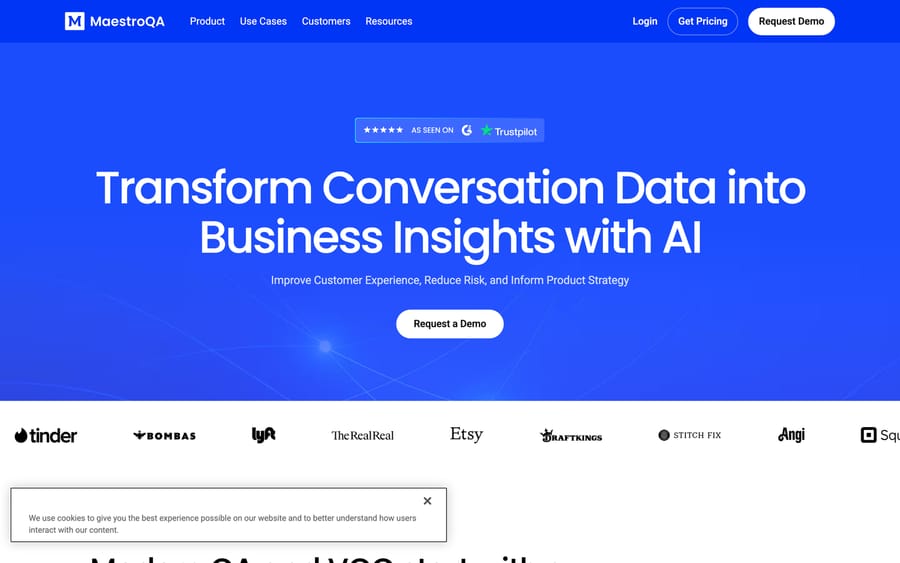 MaestroQA's homepage headline: "Transform Conversation Data into Business Insights with AI."