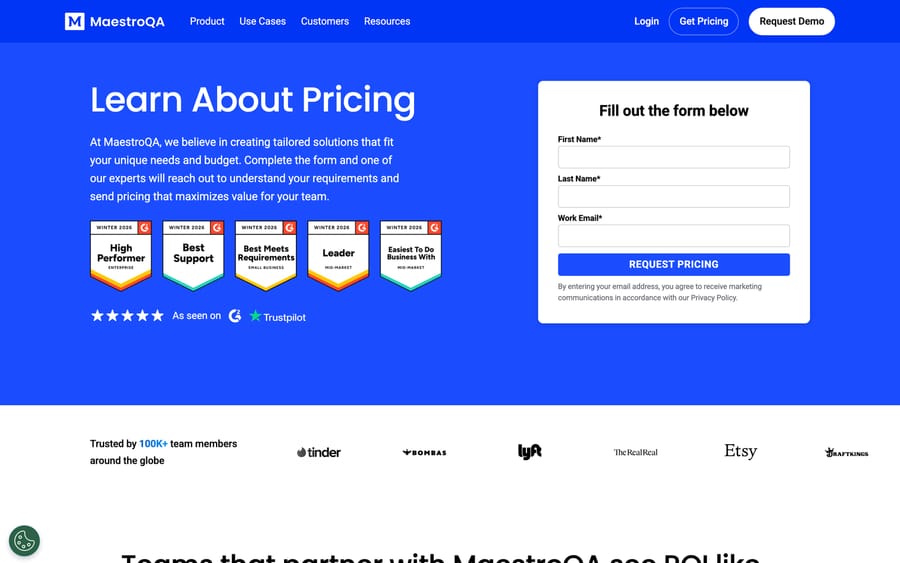 MaestroQA's pricing page: "Learn About Pricing," with G2 award badges and a contact form instead of a price list.