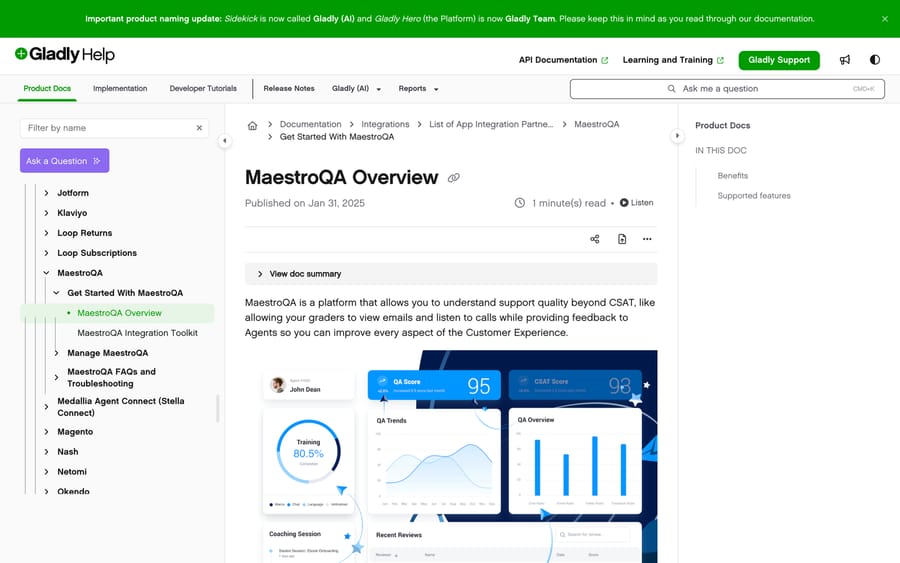 A support-quality dashboard showing a 95 QA score, 93 CSAT score, training completion and QA trend charts.