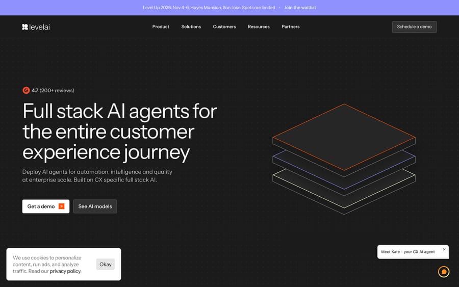Level AI's homepage: "Full stack AI agents for the entire customer experience journey," with a 4.7 (200+ reviews) G2 badge.