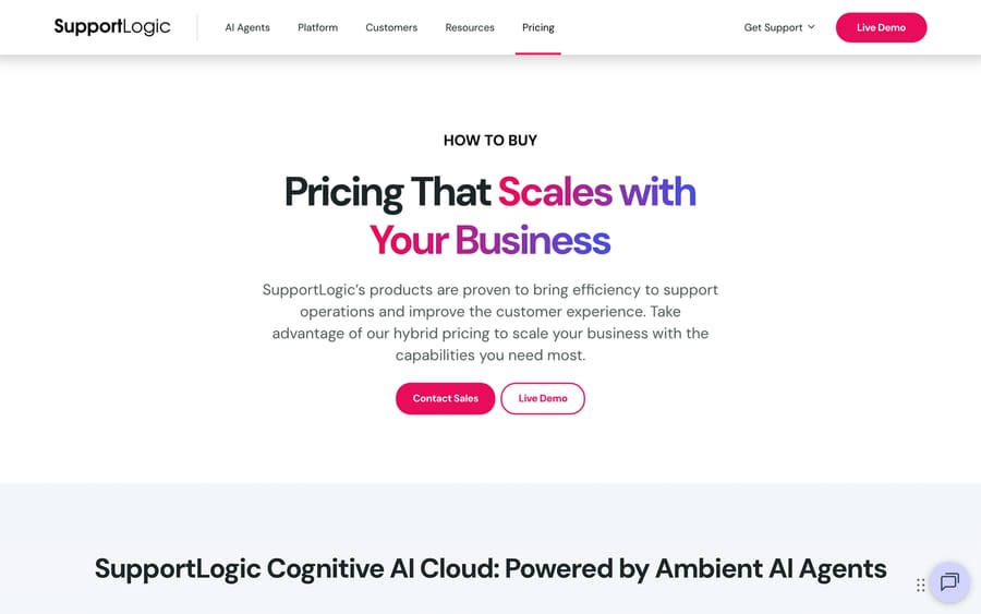 SupportLogic's pricing page describing its hybrid usage- and seat-based pricing model.