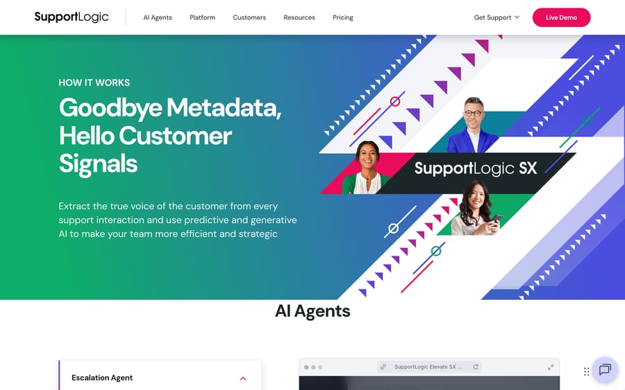 SupportLogic's platform page describing its escalation agent and how it extracts customer signals to replace manual metadata.