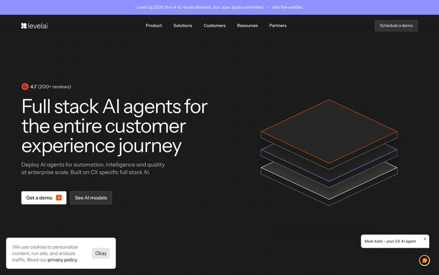 Level AI homepage showing its own claimed G2 rating of 4.7 stars across 200+ reviews.