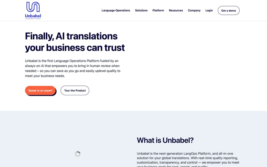 Unbabel's homepage, now carrying an "A TransPerfect Company" badge under its logo.