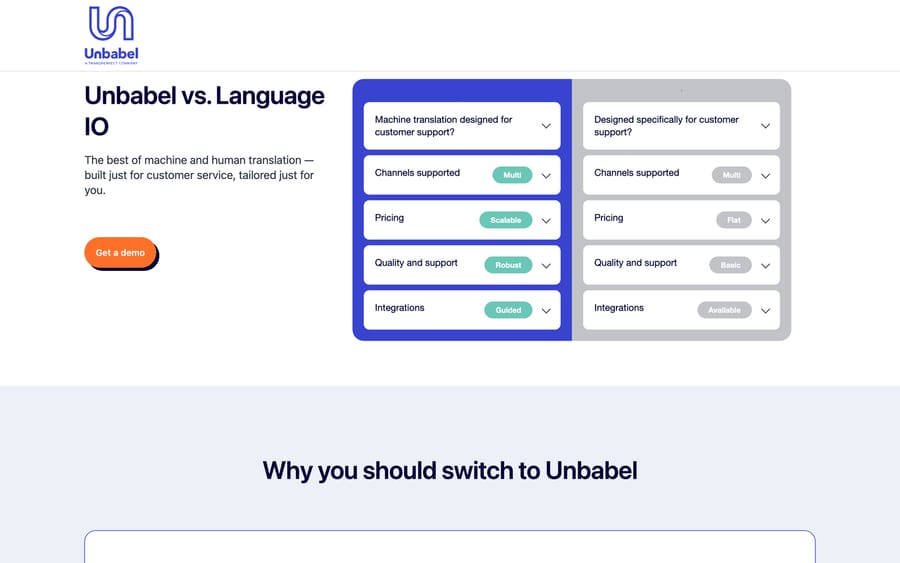 Unbabel's own comparison page against Language I/O, rating itself higher on quality, support, and integrations.