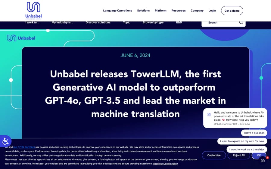 Unbabel's June 2024 TowerLLM launch announcement, claiming it outperformed GPT-4o and GPT-3.5 on translation benchmarks.
