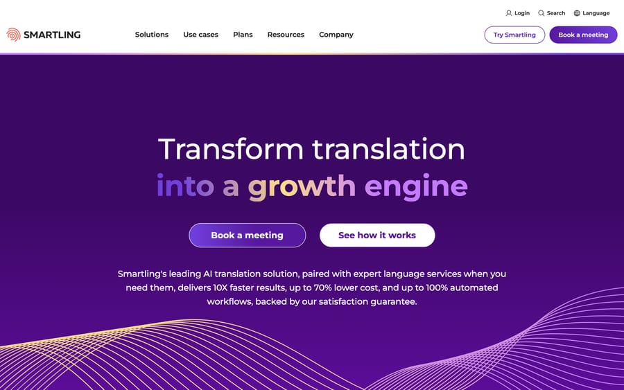 Smartling's homepage, claiming up to 70% lower cost and 100% automated translation workflows.