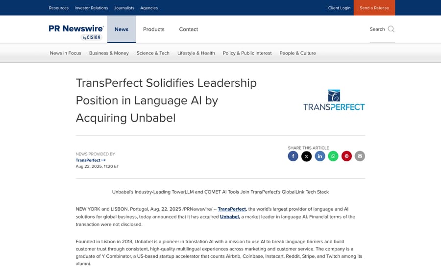 TransPerfect's own press release announcing the Unbabel acquisition, dated August 22, 2025.