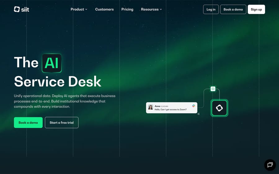 Siit's homepage: "The AI Service Desk," with a Slack message asking for Zoom access.