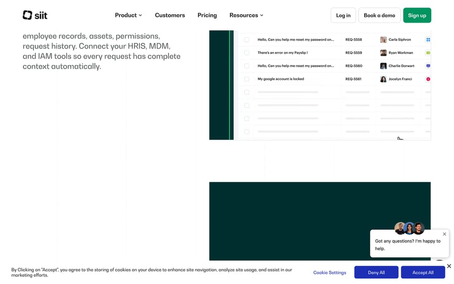 Siit's request queue showing tickets like a password reset and a locked Google account, each tagged to a named employee.