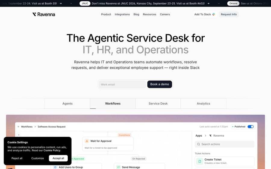 Ravenna homepage showing its workflow builder for a software access request, with wait-for-approval and notification steps.