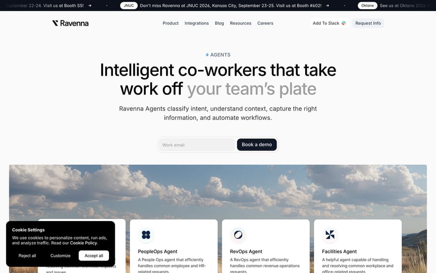 Ravenna's Agents page listing PeopleOps, RevOps and Facilities agents with short descriptions of what each automates.