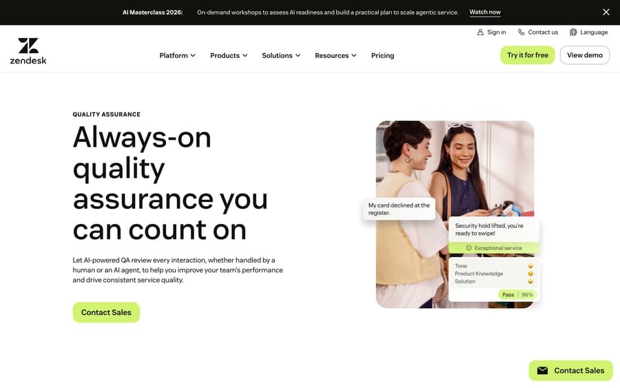 Zendesk QA's product page, pitching "always-on quality assurance" that scores tone, product knowledge, and solution quality.
